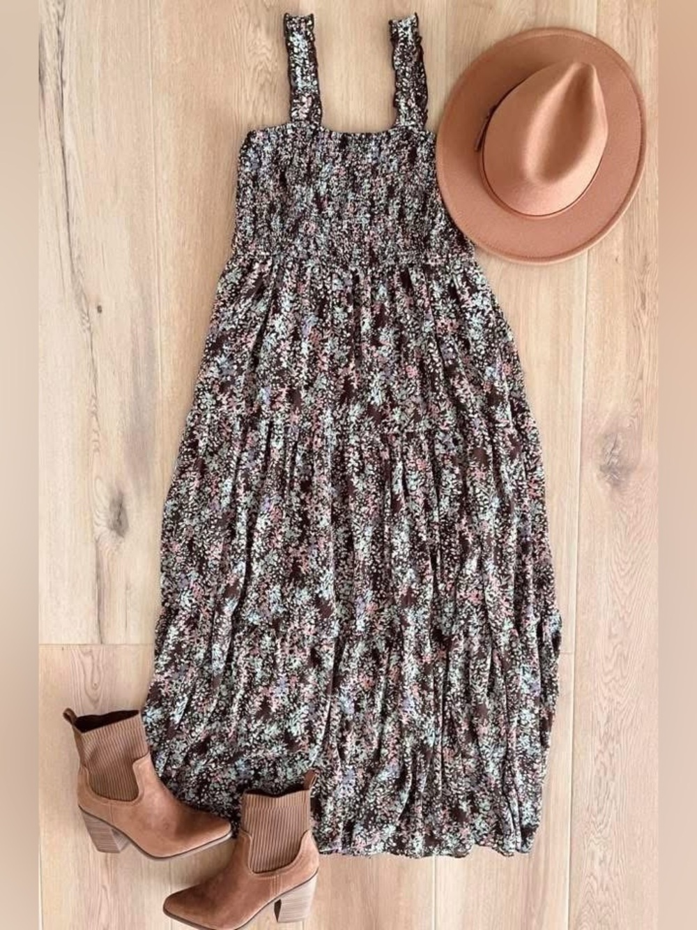 Boho Floral Smocked Tiered Maxi Dress 3XL Plus Size Fall Cottagecore - Picture 2 of 2